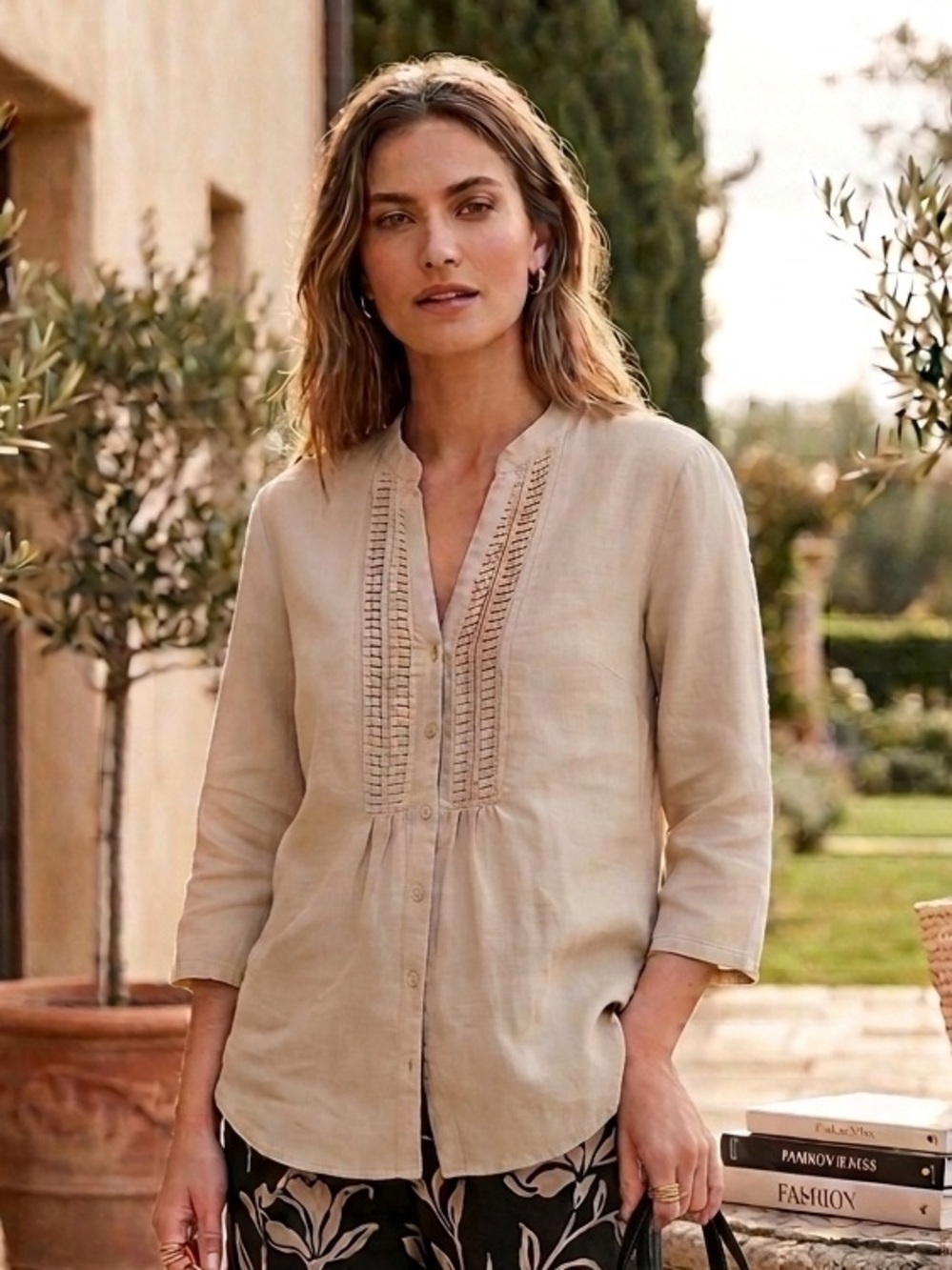 Edward - Women’s Cream Pintuck Button-Front Blouse 100% Linen
